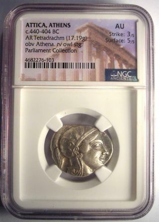 Ancient Athens Greece Athena Owl Tetradrachm Coin (440 - 404 BC) - NGC AU 2