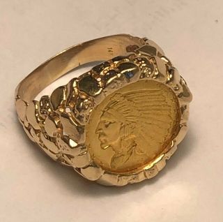 COIN GOLD $2.  50 RING INDIAN QTR.  EAGLE 14.  5 GRAMS SIZE 12.  5 - - SHARP TOP QUALITY 12