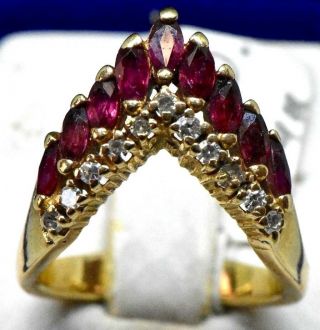 Vintage " V " Shape Natural Marquise Cut Ruby Diamond Ring In 14k Yellow Gold.