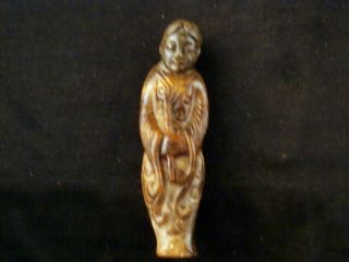 Unusual Chinese Lady Bring Xiao Old Jade Hand Carved Netsuke Z122