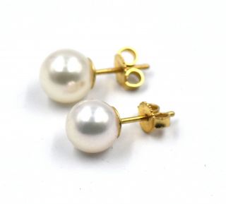 VINTAGE MIKIMOTO 8.  2MM PEARL STUD EARRINGS 18K YELLOW GOLD DESIGNER SIGNED 2