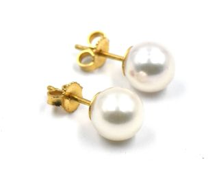 VINTAGE MIKIMOTO 8.  2MM PEARL STUD EARRINGS 18K YELLOW GOLD DESIGNER SIGNED 3