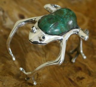 Manuel Porcayo Hecho A Mano Mexico Sterling Turquoise Frog Cuff Bracelet 105 Grm 2