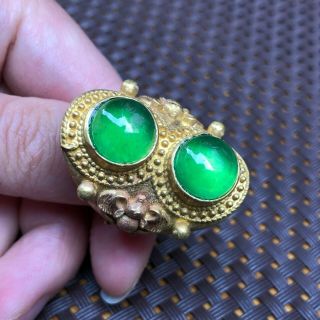 Chinese Copper & Natural Jadeite Jade Handwork 2 Green Beads No.  7.  5 - 12 Rare Ring