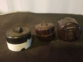 1 Vintage Round Brown Bakelite Porcelain Light Switch & 2 Bakelite Switches