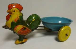 Vtg.  Tin Lithograph Toy Rooster Chicken Pulling Egg Wagon/cart Easter Decoration