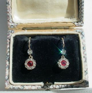 Antique Victorian Diamond And Red Stone Earrings In 14k Gold