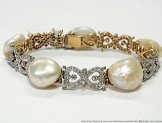 Rare Unique Gia American River Pearl Antique Bracelet Diamond Platinum 18k Gold