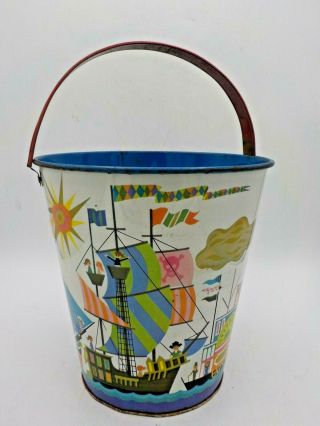 Vintage J.  Chein Childs Sand Pail Pirates & Ships 7.  5 " Bucket W/handle Tin Litho