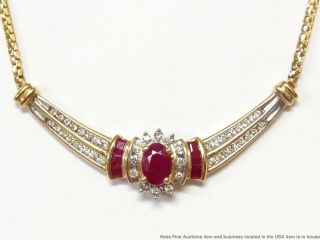 Vintage Natural Ruby Diamond Halo 14k Gold Necklace 1.  90ctw Ladies Fashion 18in
