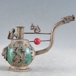 Chinese Jade&silver Handmade Dragon&lion Smoking Tool Lzj126