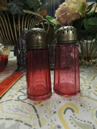 Antique Cranberry Glass Pillar Salt &pepper Shaker