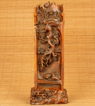 Antique Chinese Old Boxwood Great - Hearted Luck Magpie Plum Blossom Statue Gift