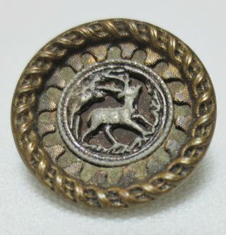 Antique Button Brass Diminutive Pictorial - Stag Deer In Forest With Raised Rim