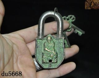 3 " Tibet Buddhism Bronze Thai Buddha Statue Temple Gate Padlock & Key Lever Lock