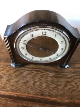 Vintage Art Deco Mantle Clock.  8 Day Bentima,  Oak Case.  Gwo.