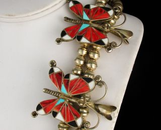 VINTAGE NAVAJO SIGNED SILVER TURQUOISE INLAY BUTTERFLY SQUASH BLOSSOM NECKLACE 5
