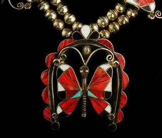 VINTAGE NAVAJO SIGNED SILVER TURQUOISE INLAY BUTTERFLY SQUASH BLOSSOM NECKLACE 7