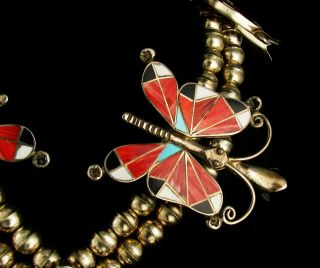 VINTAGE NAVAJO SIGNED SILVER TURQUOISE INLAY BUTTERFLY SQUASH BLOSSOM NECKLACE 8
