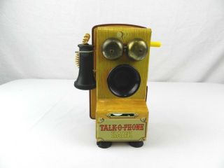 Vintage Tin Talk O Phone Coin Bank Toy Wind Up Telephone Japan Yellow Bell