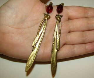 Rare,  Long,  Antique Art Nouveau 9 Ct Gold Dragonfly Earrings With Cherry Amber