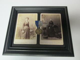 Framed Abraham Lincoln Medal With Malice Toward Non & (2) Cabinet Card Pictures