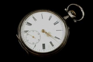 Antique 1900 French Croissant Open Face Pocket Watch Silver Case 16 Size