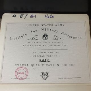 U.  S.  Army - Institute For Military Assistance - H.  A.  L.  O.  Certificate