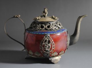 Vintage,  Old Jade Armored Tibetan Silver With Monkey Lid Decoration Teapot