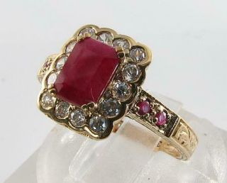 DIVINE 9K 9CT GOLD INDIAN RUBY DIAMOND ART DECO INS CLUSTER RING SIZE 2