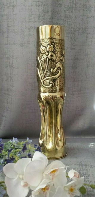 Tall13 " Ww1 1918 Trench Art Brass Shell Casing Vase Artillery French W Butterfly