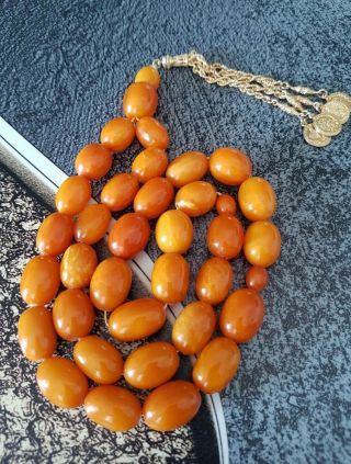 VINTAGE BALTIC AMBER EGG YOLK BUTTERSCOTCH OLIVE SHAPE BEAD 99 grams NECKLACE 4