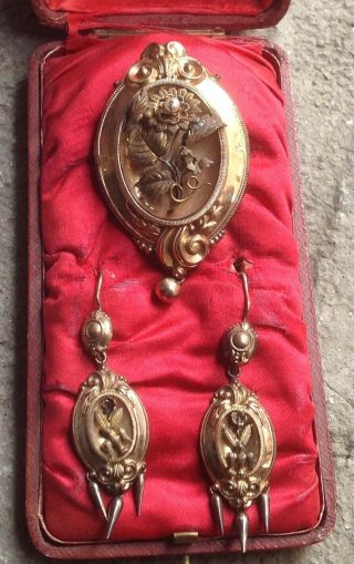 Antique Victorian Gold Filled Foil 8k Set Brooch And Earrings 1860,  Box