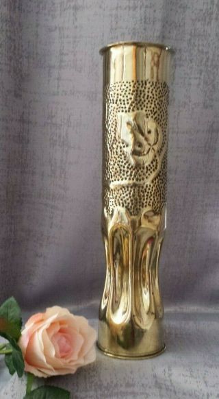 Tall13 " Ww1 1918 Trench Art Brass Shell Casing Vase Artillery French Grapevine