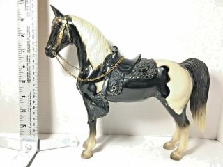 Vintage Toy Horse Large Mid Cen Plastic Horse And Saddle Black White Brass Chain