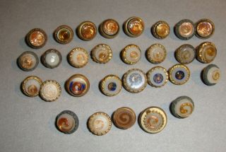 Antique Waistcoat Buttons White Glass With Goldstone In Brass Setting