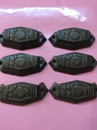 Set Of 6 Antique Style Cast Iron Victorian Drawer Bin Pulls,  3” On Center
