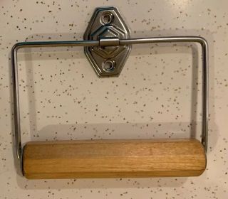 Vintage 50 ' s 60 ' s Autoyre Chrome Toilet Paper Holder Wooden Roller EUC, 2