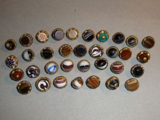 Antique Waistcoat Buttons Agate And Swirl Glass In Brass Setting Many Designs