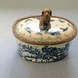Chinese Style Oval Blue And White Porcelain Box,  Metal Mount And Sweet Dog Knop