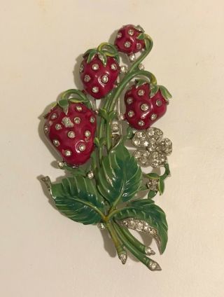 Vintage Trifari Clip Red Strawberries Rhinestone Alfred Philippe