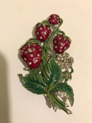 Vintage Trifari Clip Red Strawberries Rhinestone Alfred Philippe 2