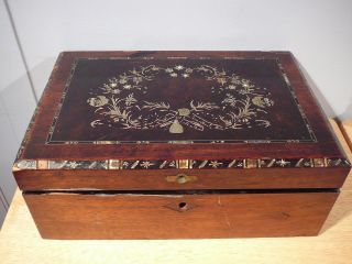 Antique Wood Folding Travel Writing Lap Desk Document Box Mother Of Pearl Inlay