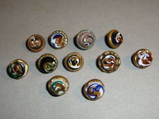 Antique Waistcoat Buttons Swirl Glass And Goldstone In Brass Setting