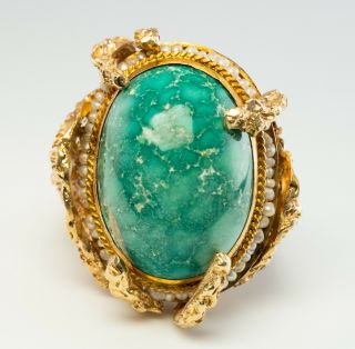 Turquoise Ring Seed Pearls Large Cocktail 14k Yellow Gold Natural Green Gemstone