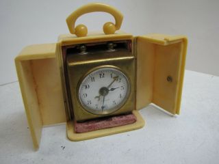 An Early Square Miniature German Alarm Clock in Travelling Case 2