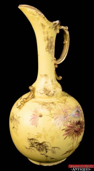 Vtg.  Art Pottery Handled 17″ Ewer Vase Yellow Hand Painted Floral Gold Gilt L3z
