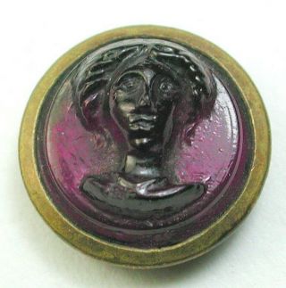 Bb Antique Button Glass Set In Brass Amethyst Woman Head - Color 5/16 "