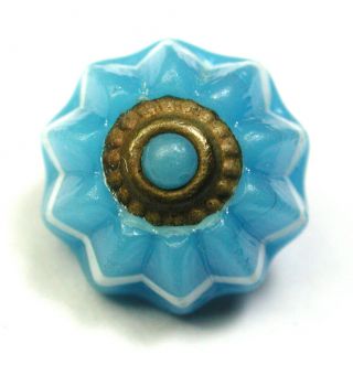 Bb Antique Charmstring Glass Button Swirl Back Turquoise W Brass Ome 7/16 "