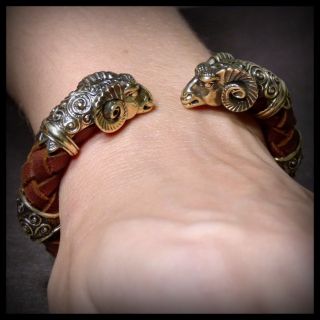GOLDEN FLEECE Ancient Scythia Style Natural Leather & Bronze Ram Heads Bracelet 3
